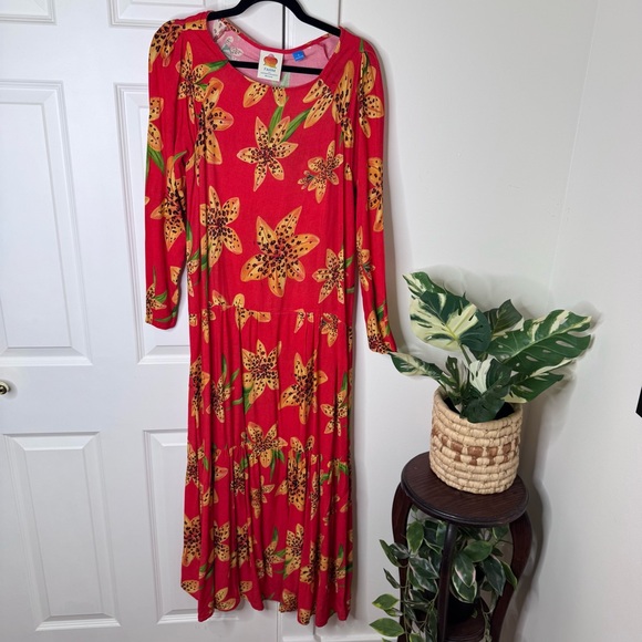 Anthropologie Farm Rio Red Floral Long Sleeve Dress Small - Picture 2 of 9